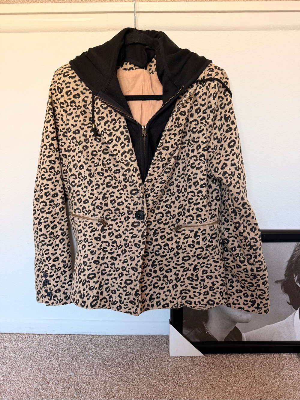 Fate Leopard Print Blazer with Removable Black Hooded Zip Layer